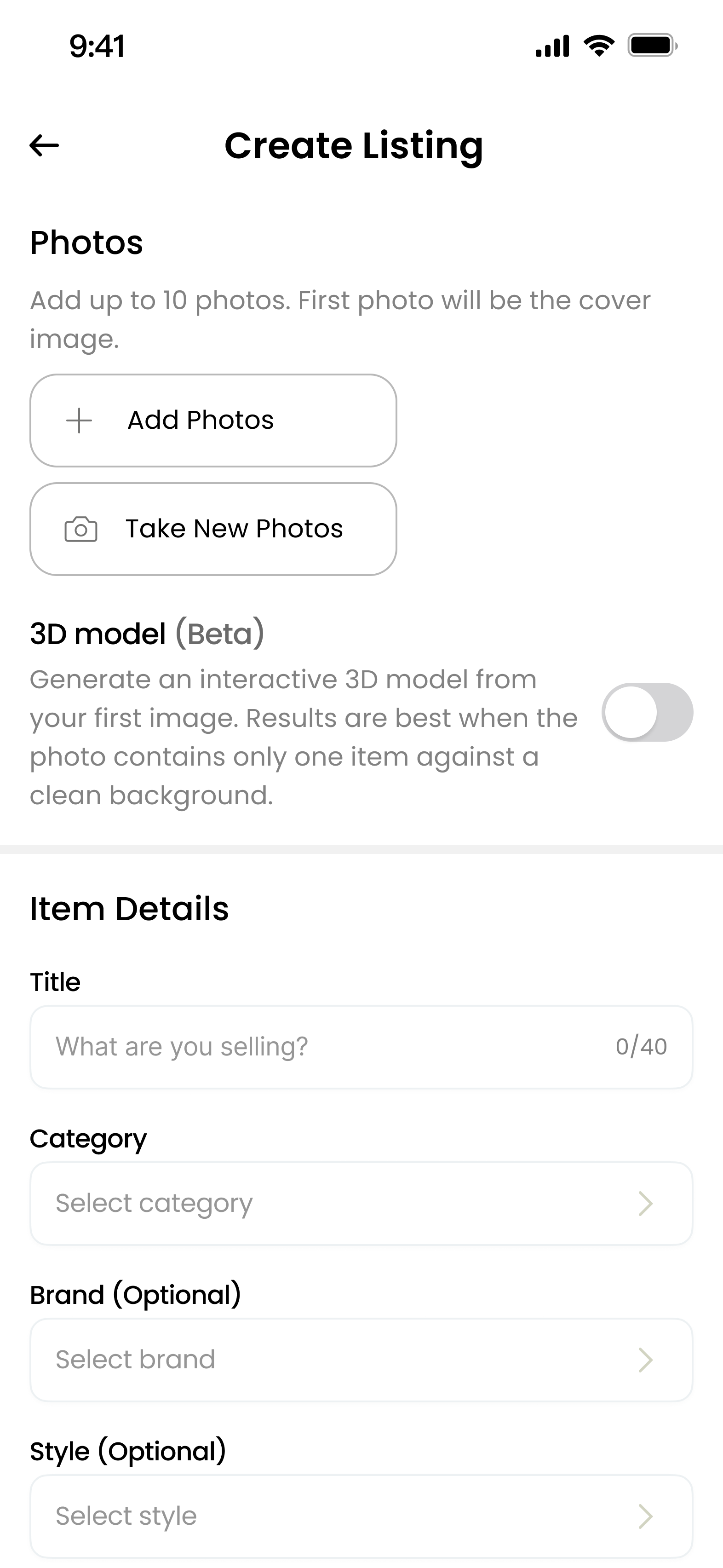 Create Listing Screen